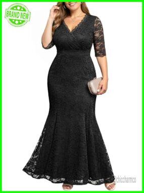 Plus Size Lace Mermaid Formal Evening Gown 3/4 Sleeve Long Dress